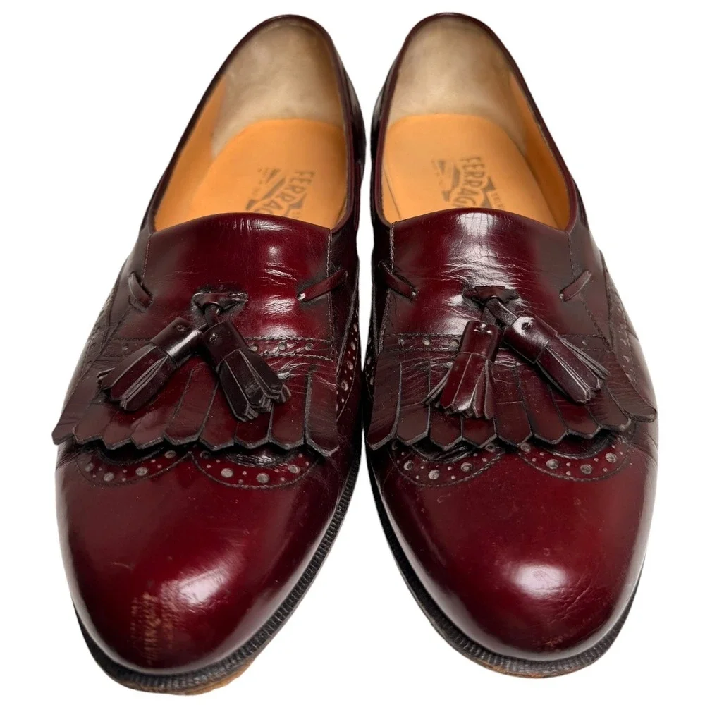Vintage Ferragamo Kiltie Tassel Loafers Burgundy 8D